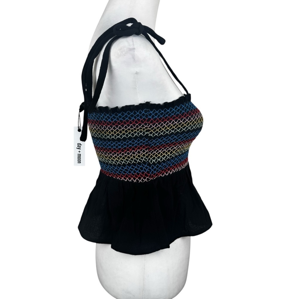 NWT Day + Moon Black Smocked Multicolor Cami Crop Tank Top Peplum Stretch - Picture 8 of 12